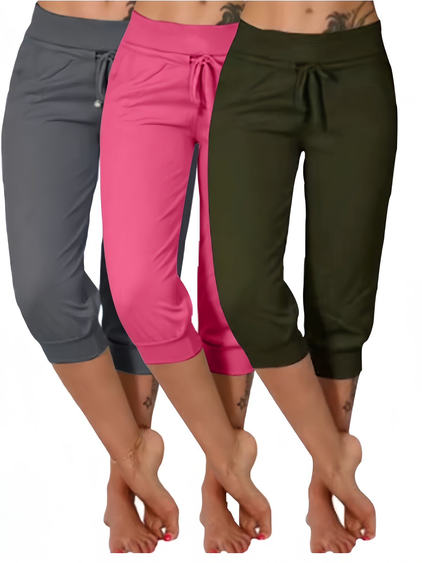 3pcs Women's7/8 Length Casual High Waist Drawstring Pants with Pockets