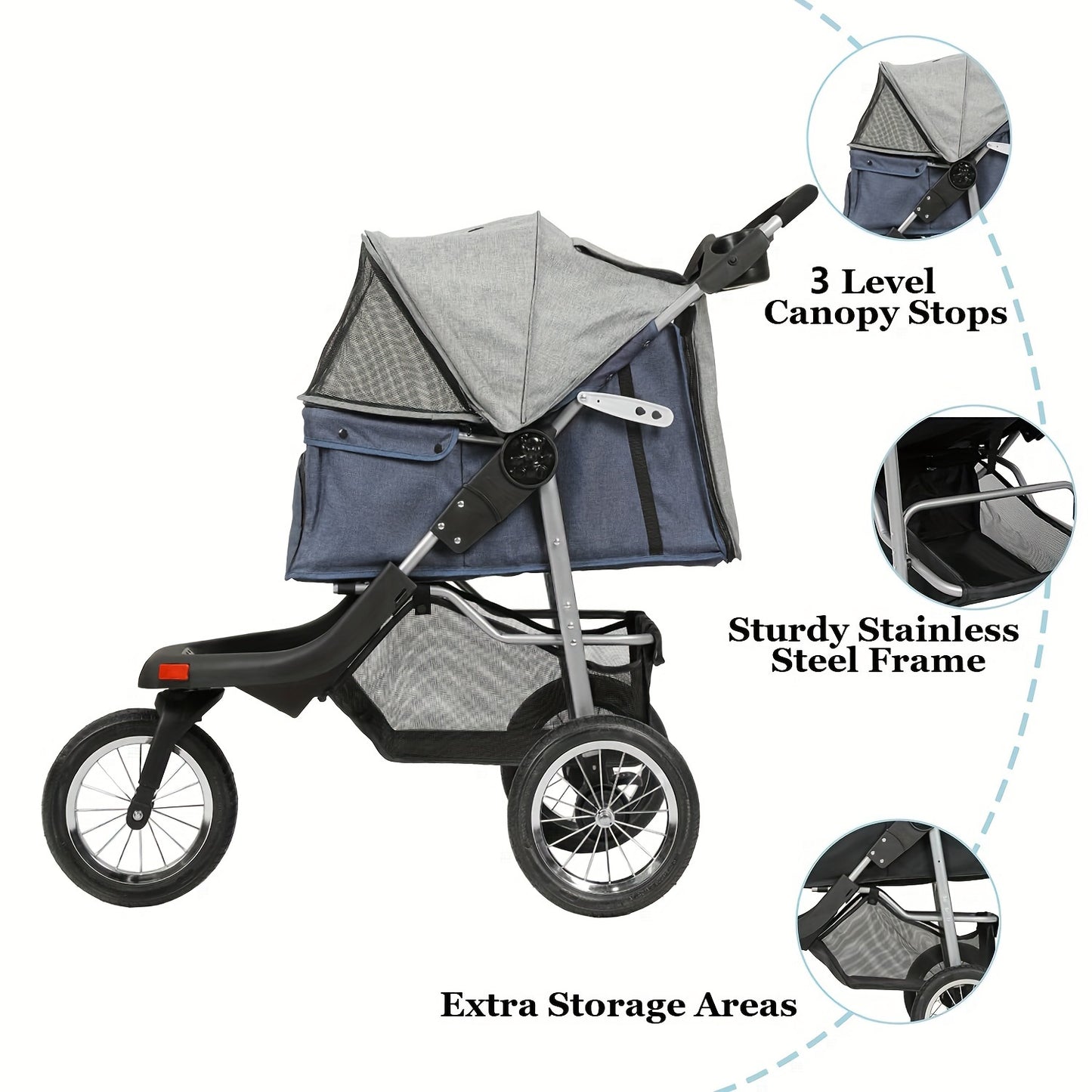 Heavy Duty Foldable 3-Wheel Dog or Cat Stroller Max. Load 55 LBS