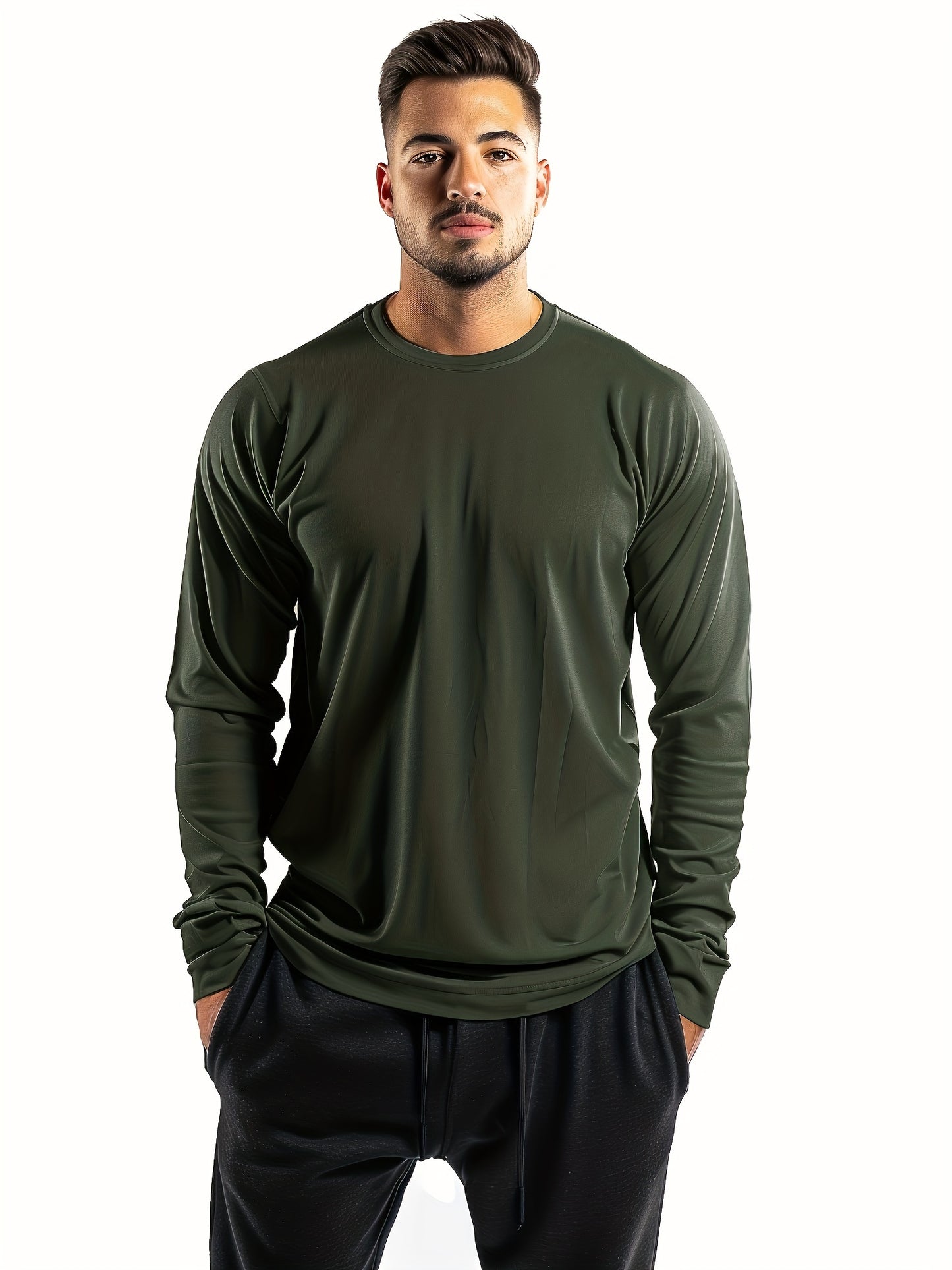 5pcs Men's Quick-Dry Moisture-Wicking Crew Neck Long Sleeve T-Shirts - Solid Color