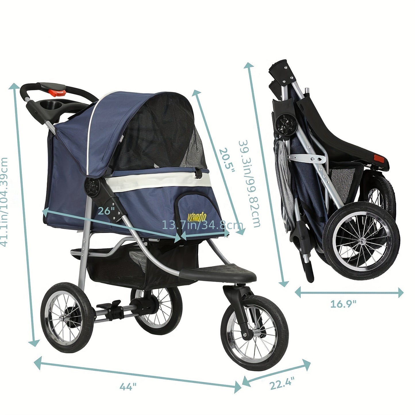 Heavy Duty Foldable 3-Wheel Dog or Cat Stroller Max. Load 55 LBS