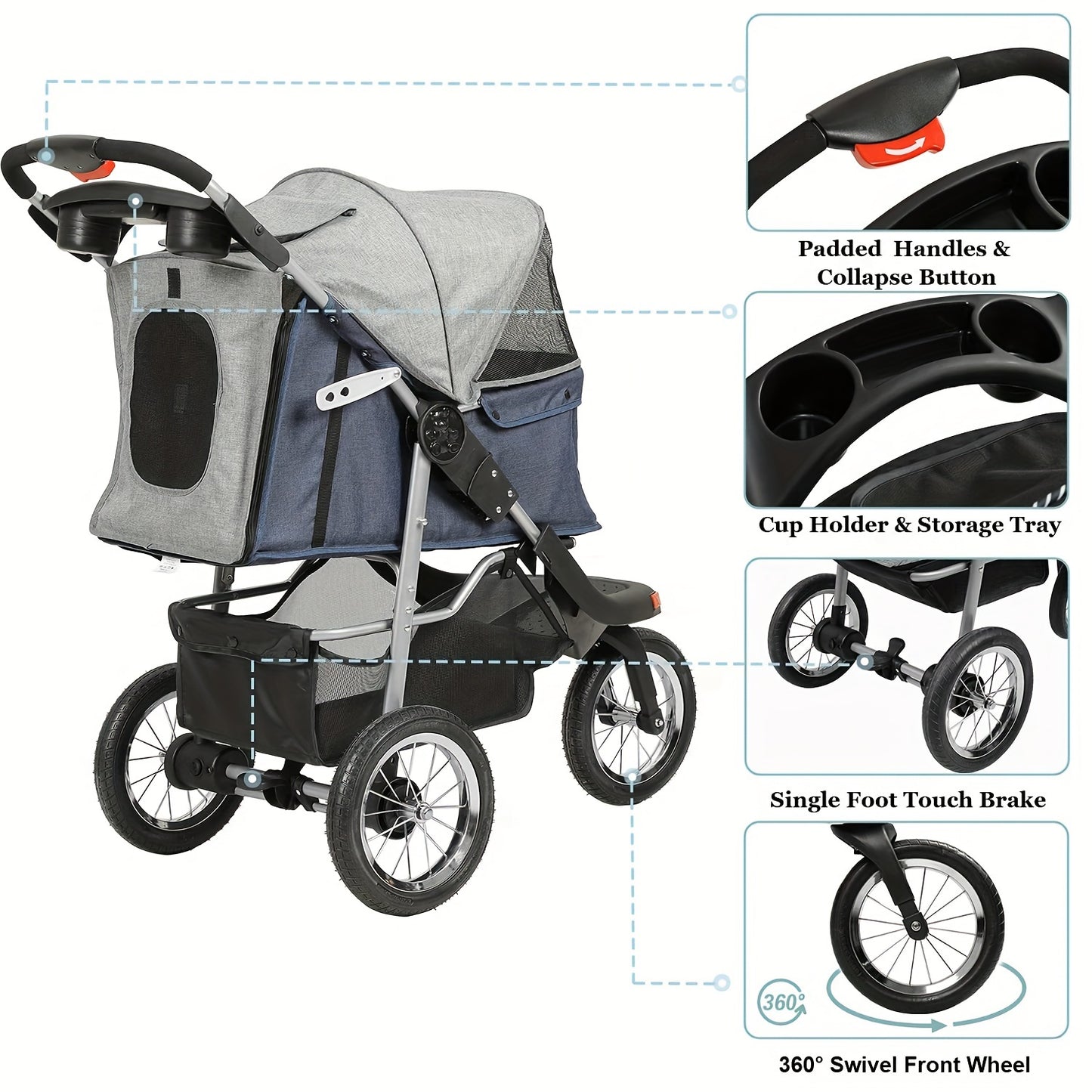 Heavy Duty Foldable 3-Wheel Dog or Cat Stroller Max. Load 55 LBS