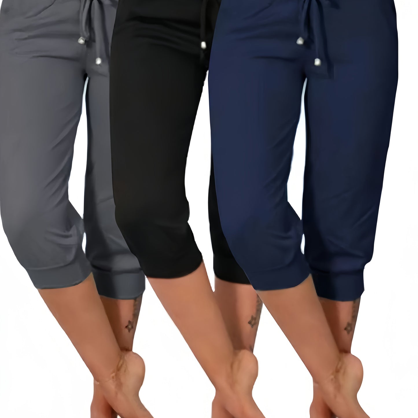 3pcs Women's7/8 Length Casual High Waist Drawstring Pants with Pockets