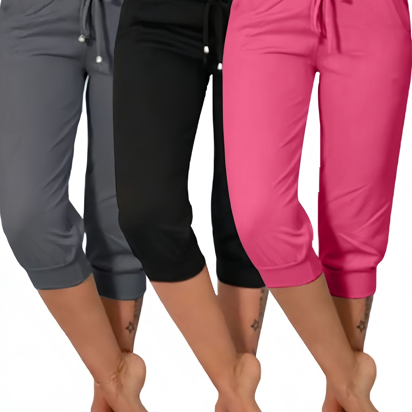 3pcs Women's7/8 Length Casual High Waist Drawstring Pants with Pockets
