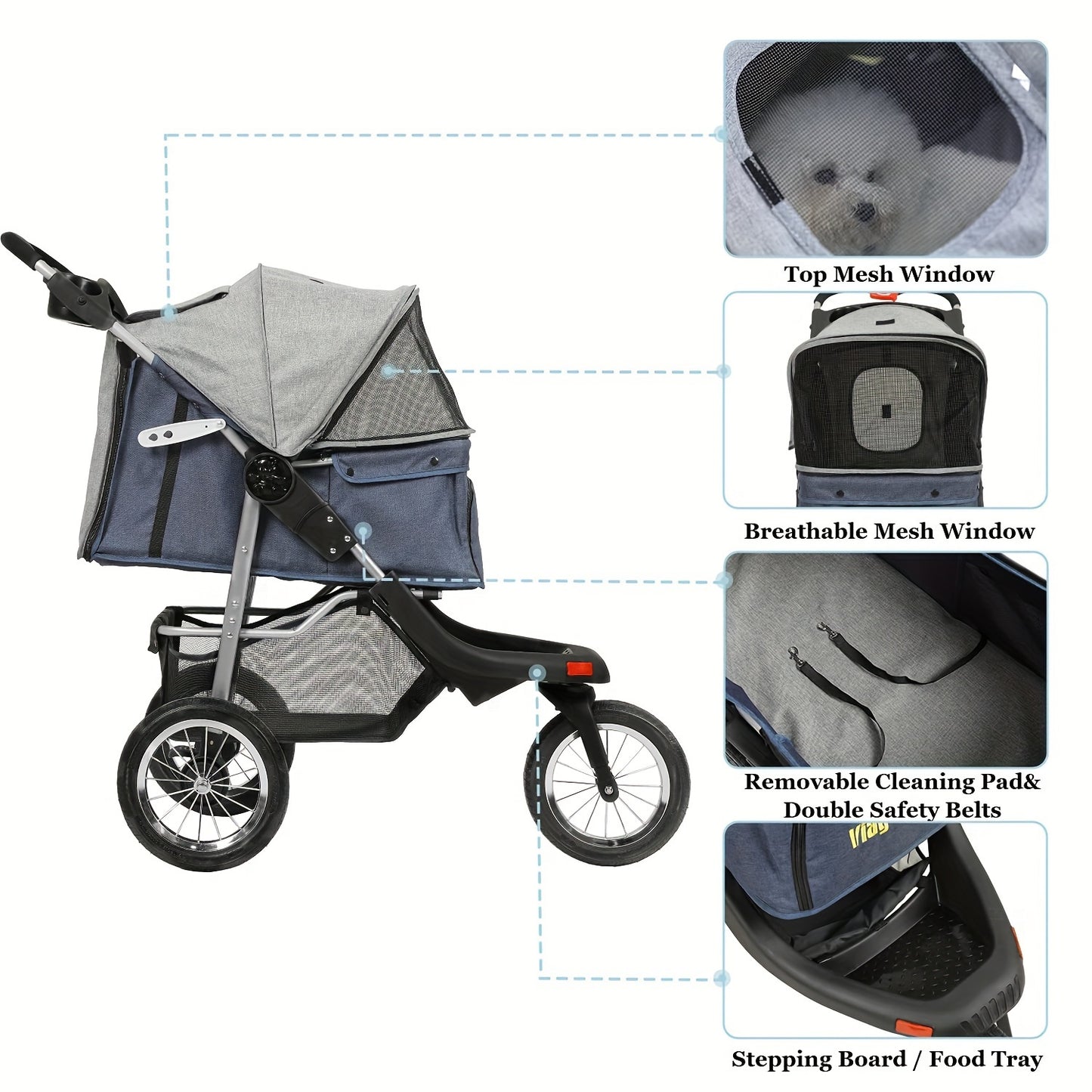 Heavy Duty Foldable 3-Wheel Dog or Cat Stroller Max. Load 55 LBS