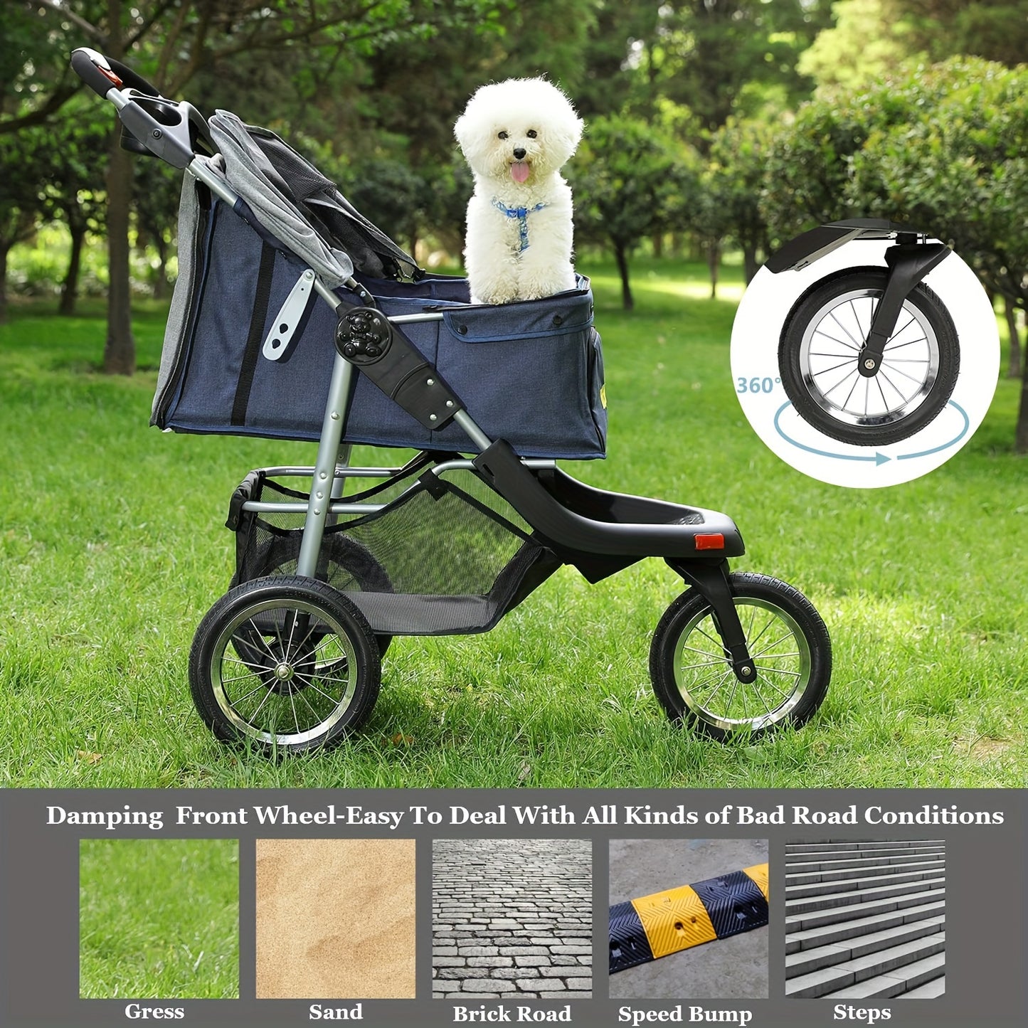 Heavy Duty Foldable 3-Wheel Dog or Cat Stroller Max. Load 55 LBS