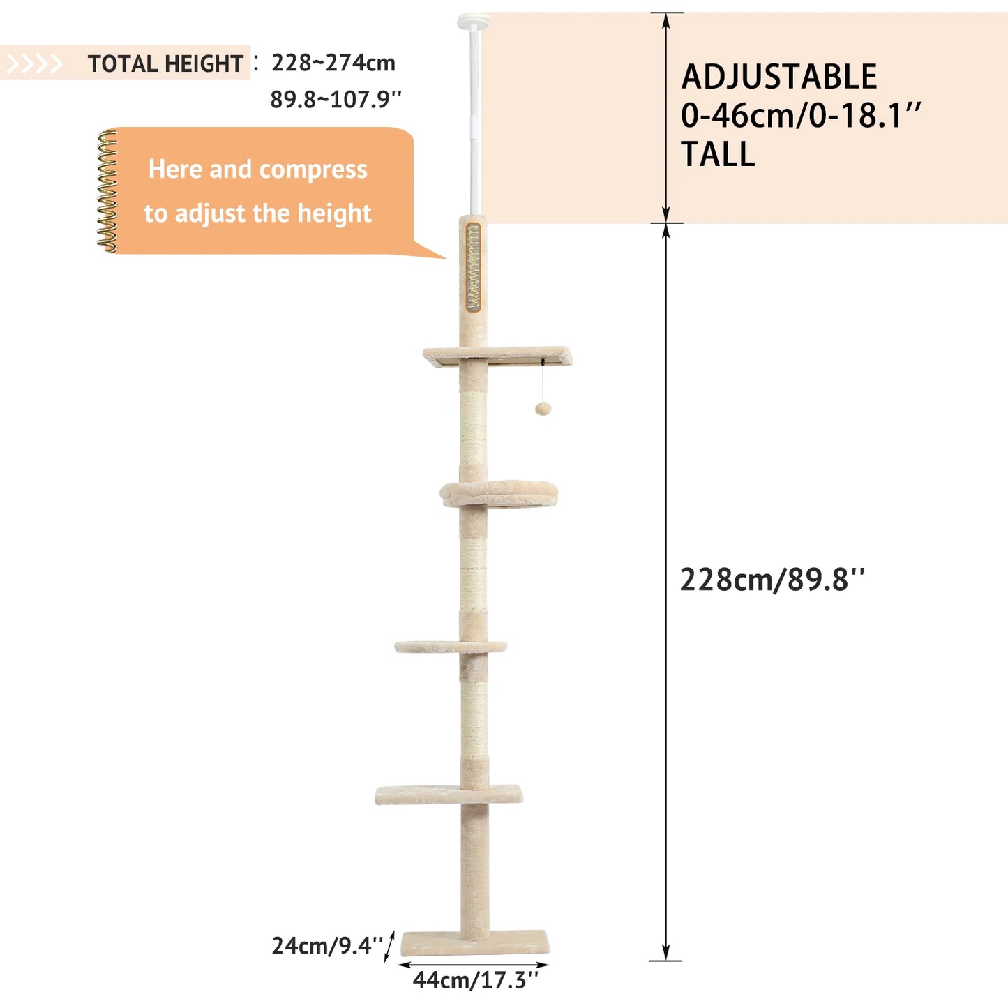 Adjustable Height Floor-to-Ceiling Vertical Cat Tree