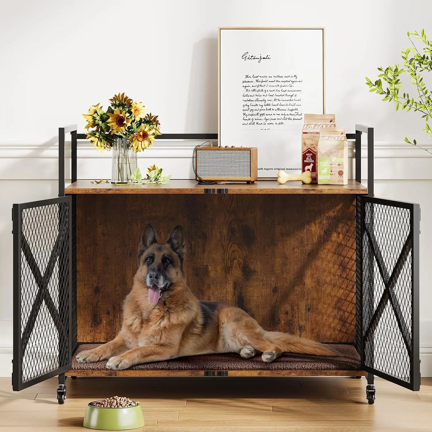 Large Wooden Dog Crate Furniture With Lockable Wheels
