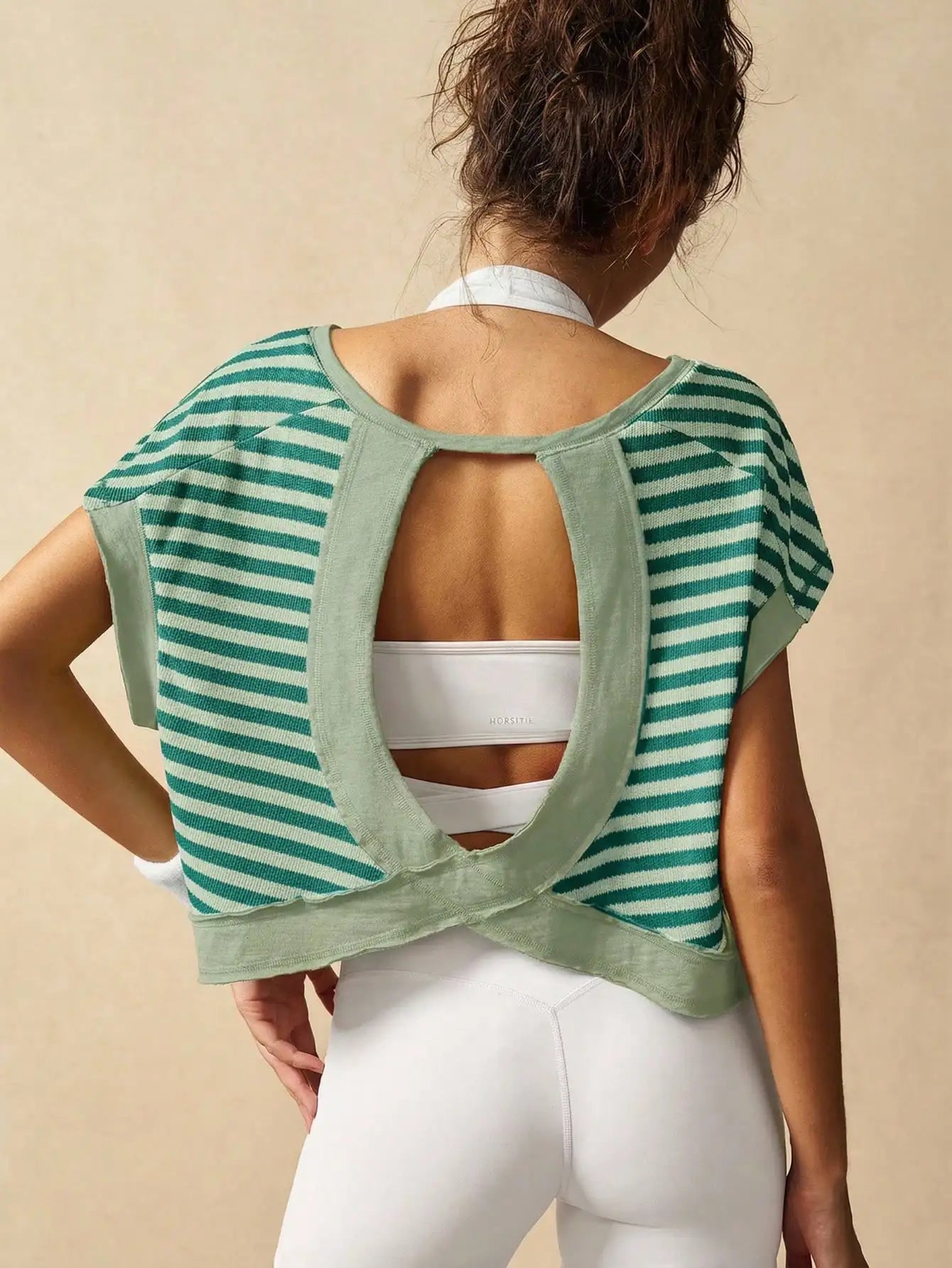 Women Striped Open Back Workout Top Breathable Gym Training