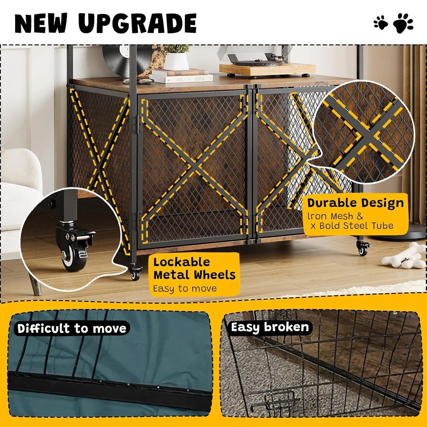 Large Wooden Dog Crate Furniture With Lockable Wheels