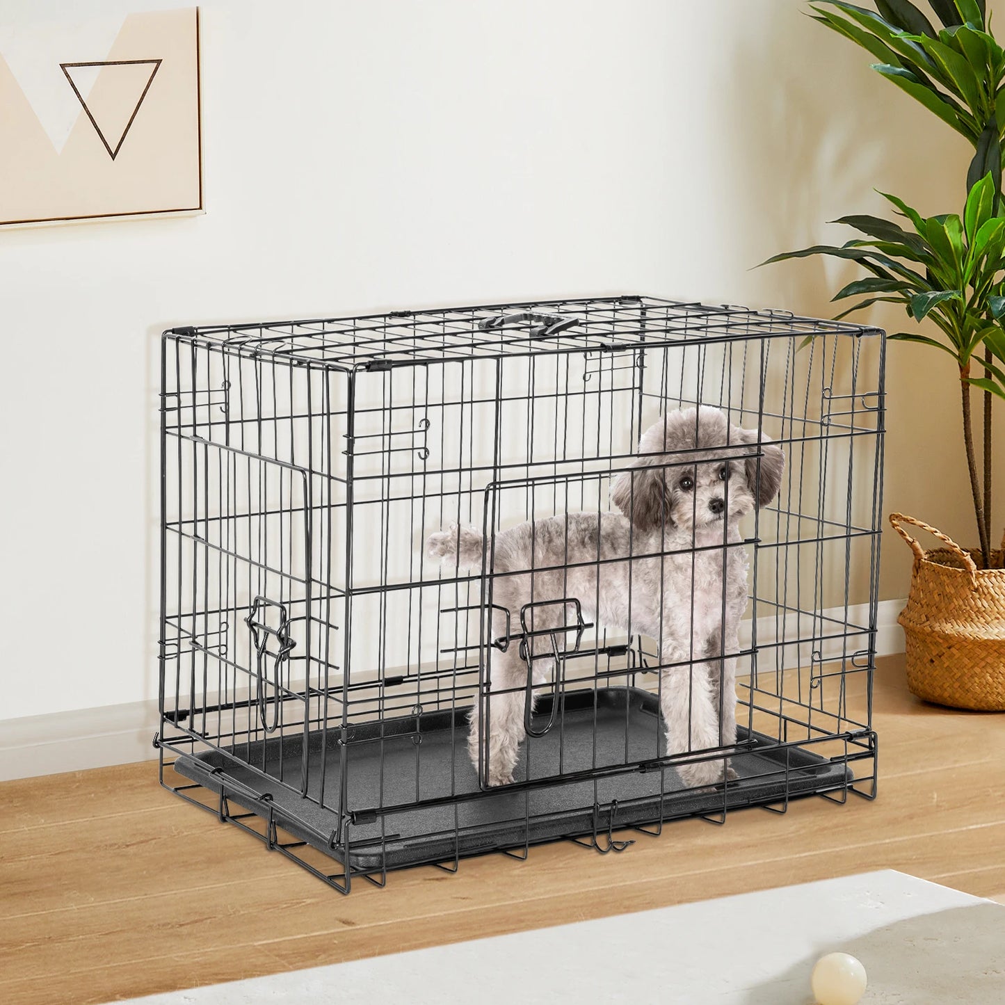 30in Double Door Folding Metal Wire Dog Cage with Plastic Leak-Proof Pan