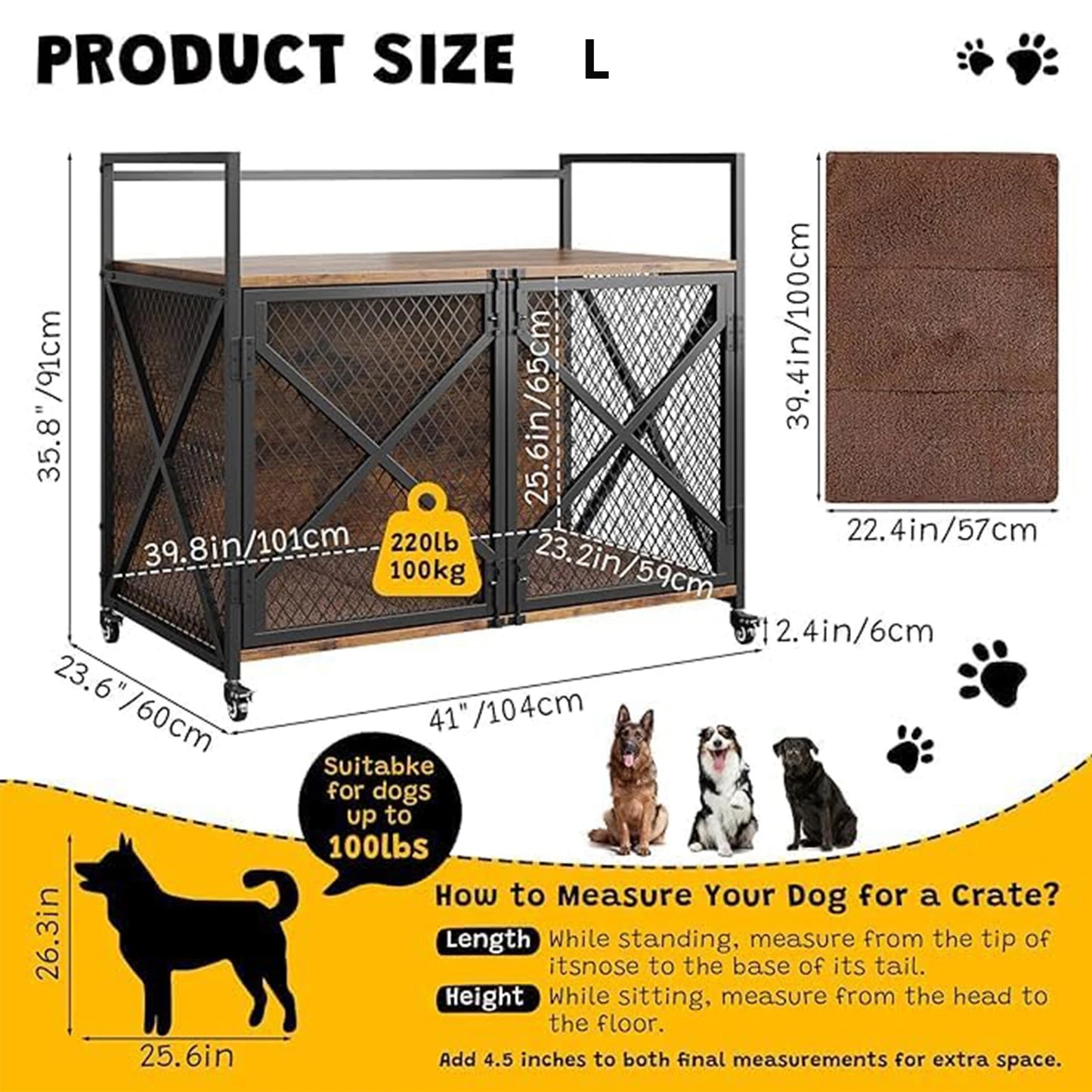 Large Wooden Dog Crate Furniture With Lockable Wheels