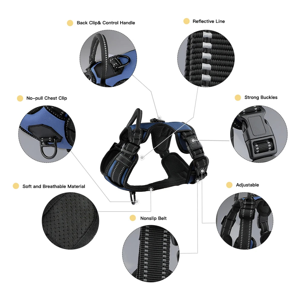 Easy Control Adjustable Reflective Nylon Dog Vest Harness with 2 Metal Leash Hooks