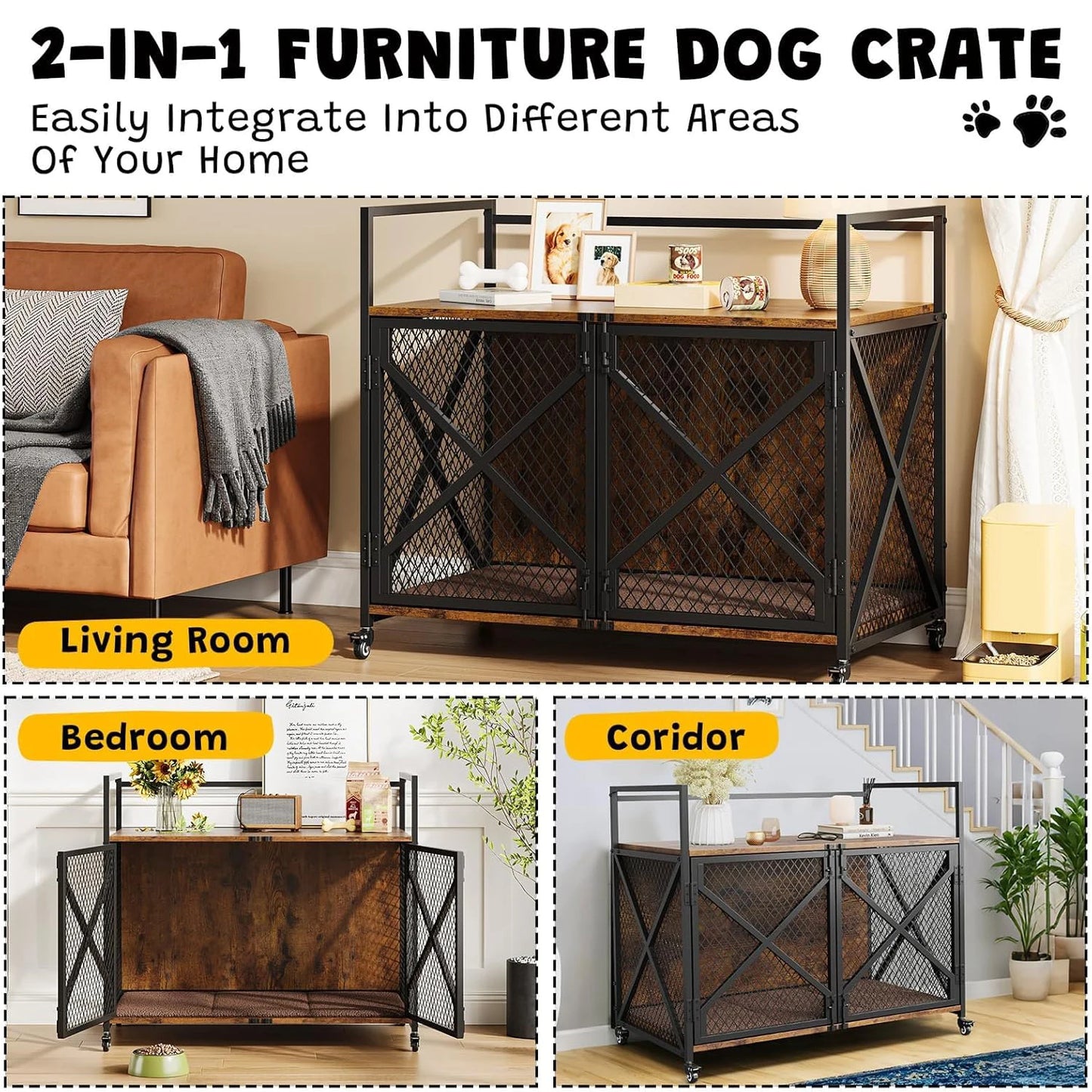 Large Wooden Dog Crate Furniture With Lockable Wheels