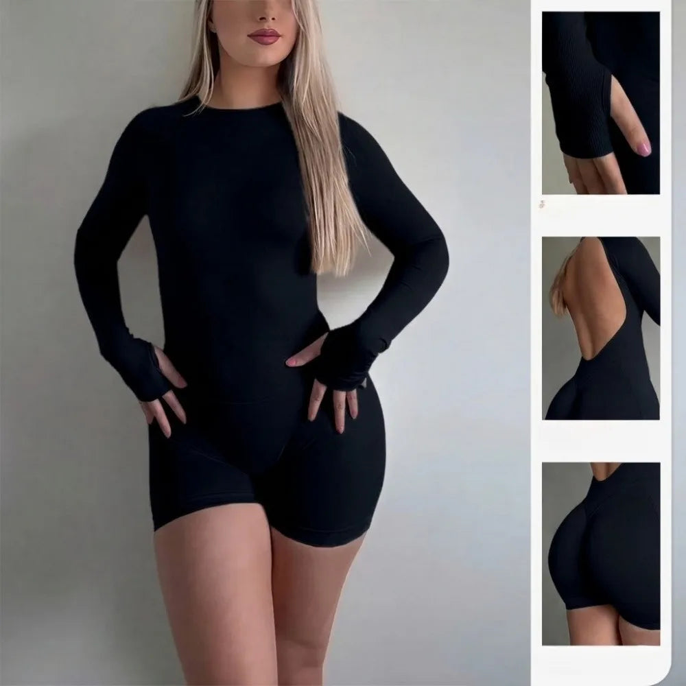 Seamless Nylon Blend Women Long Sleeve Yoga Jumpsuit With Shorts