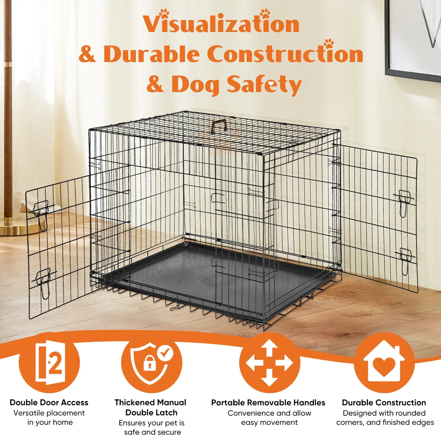 30in Double Door Folding Metal Wire Dog Cage with Plastic Leak-Proof Pan