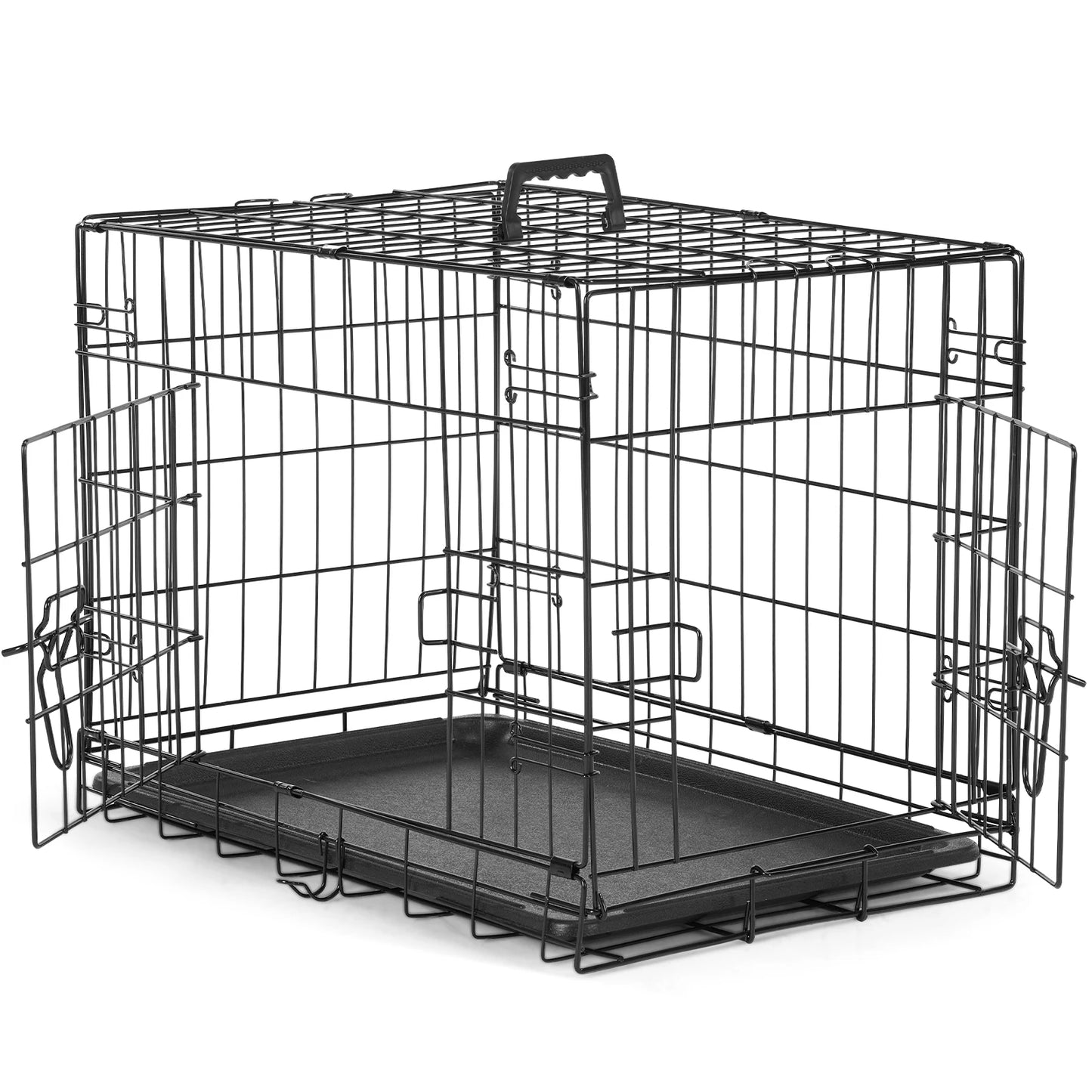 30in Double Door Folding Metal Wire Dog Cage with Plastic Leak-Proof Pan