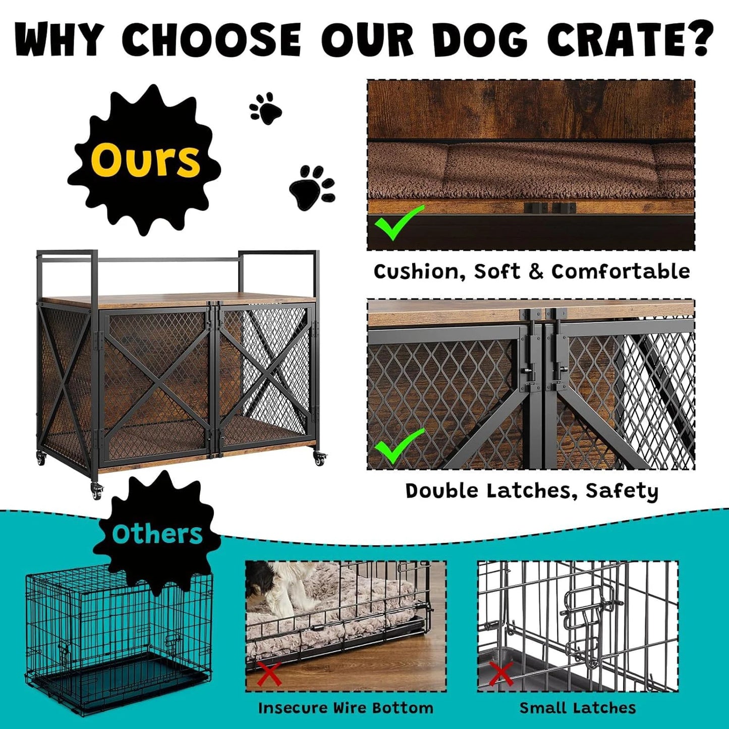 Large Wooden Dog Crate Furniture With Lockable Wheels