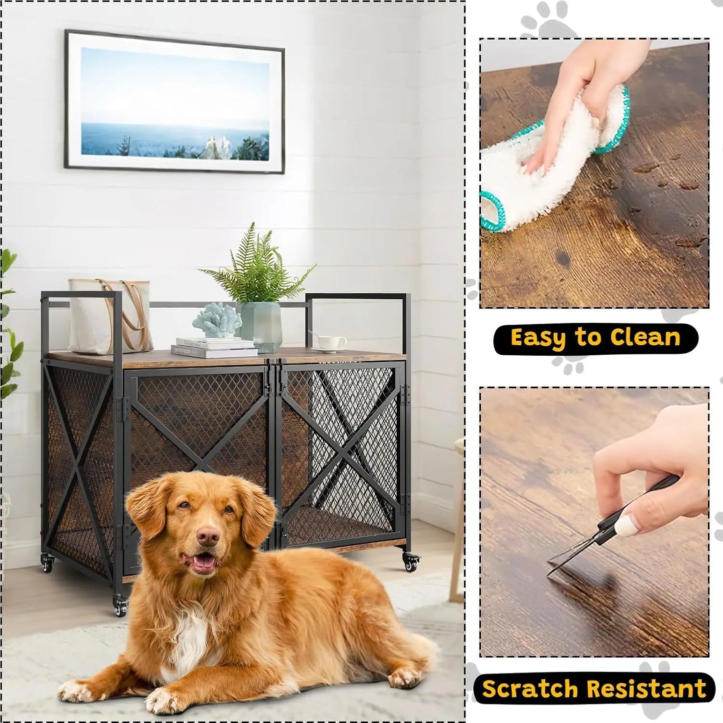 Large Wooden Dog Crate Furniture With Lockable Wheels