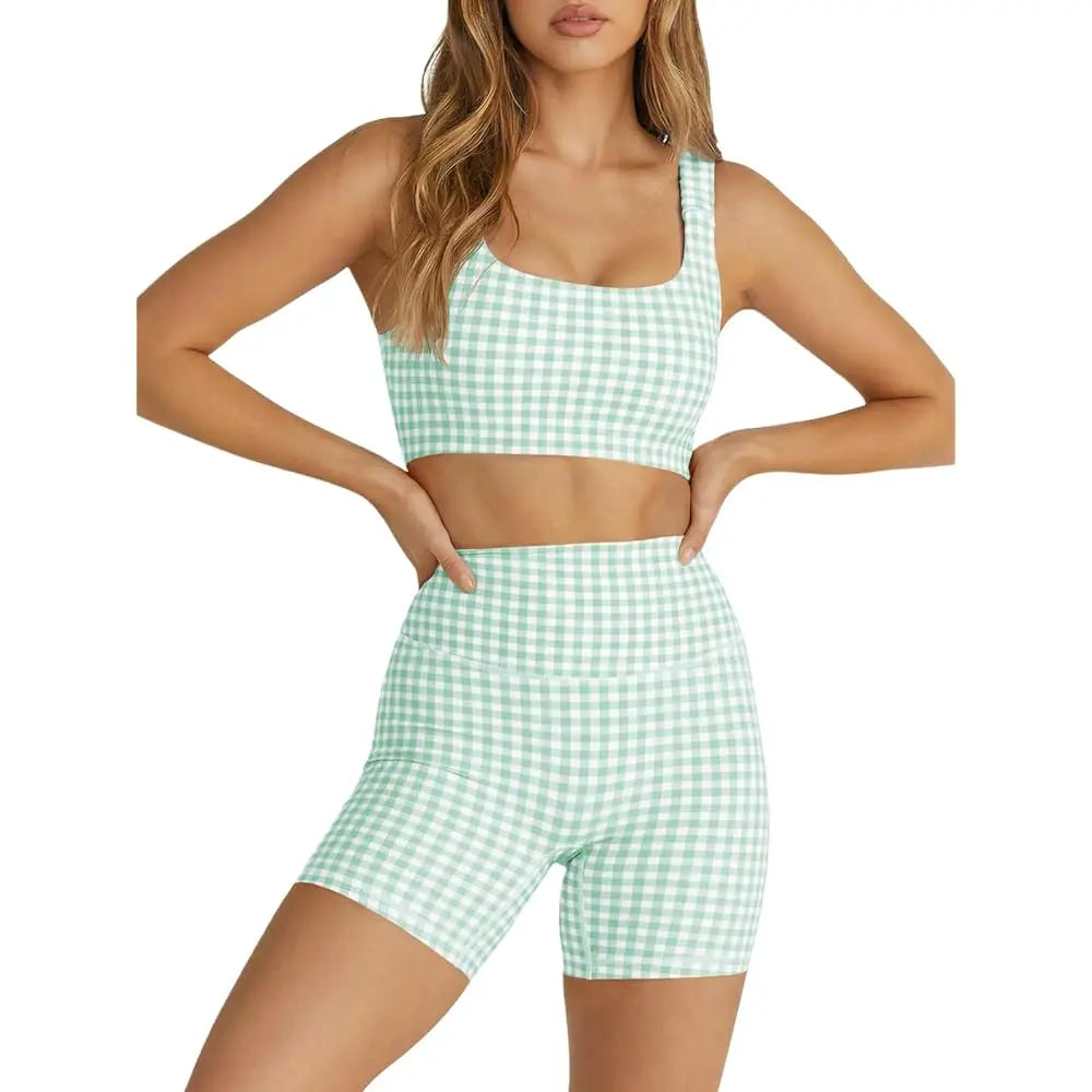 Gingham 2 Piece Womens Workout Set High Waisted Shorts Bra