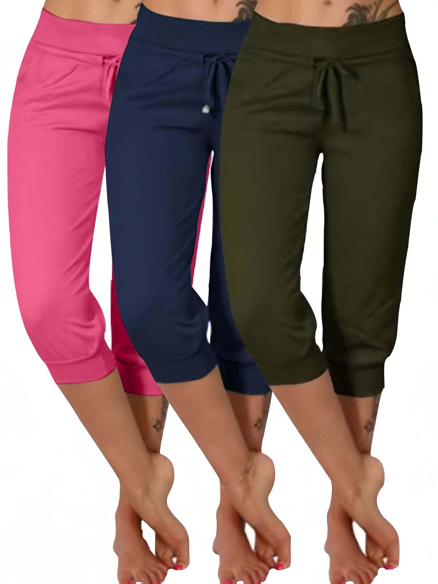 3pcs Women's7/8 Length Casual High Waist Drawstring Pants with Pockets