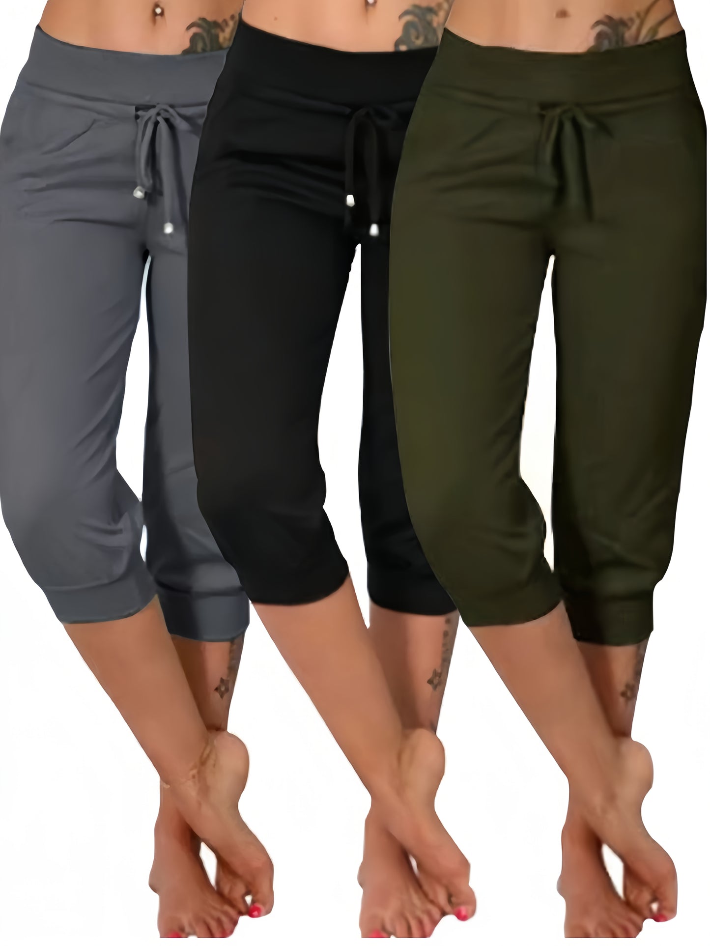 3pcs Women's7/8 Length Casual High Waist Drawstring Pants with Pockets
