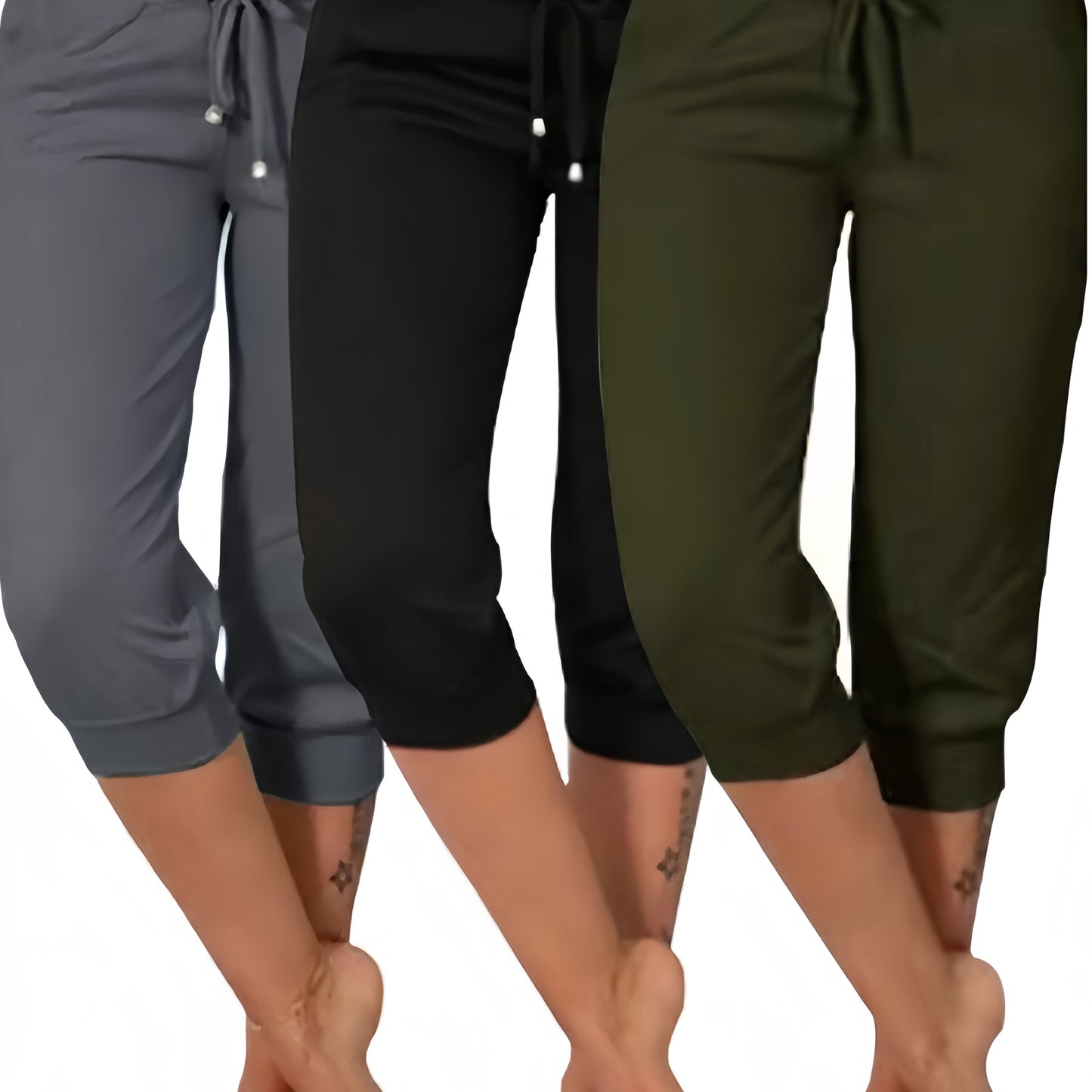 Three Piece Set Womens High Rise Drawstring Yoga Pants Pockets