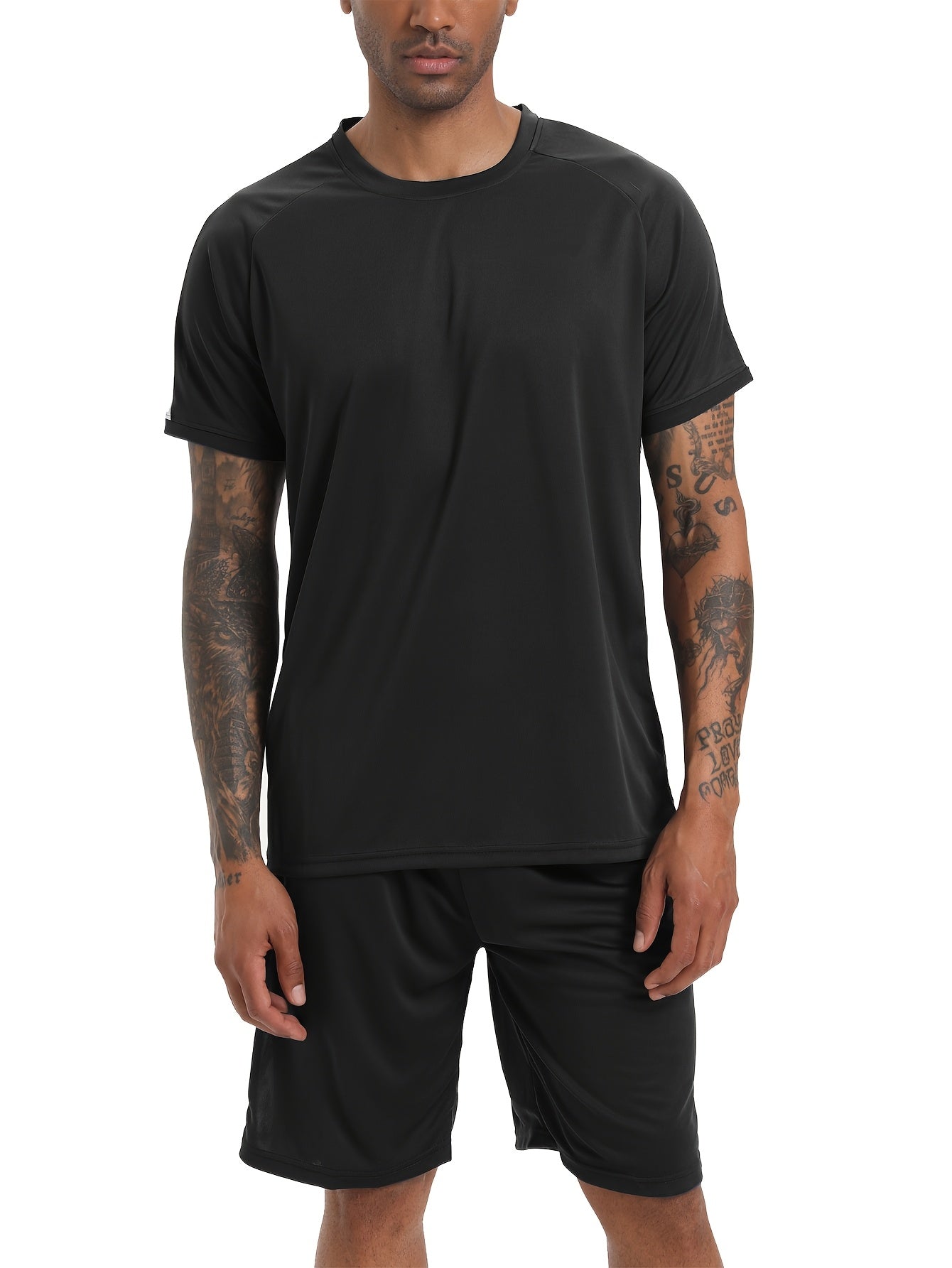 Mens 3pc Sports Set Short Sleeve Tops Shorts Breathable Mesh