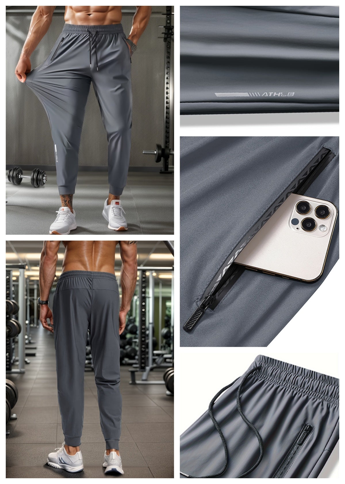 Men's Breathable Stretch Joggers With Zipper Pockets And Drawstring Waist