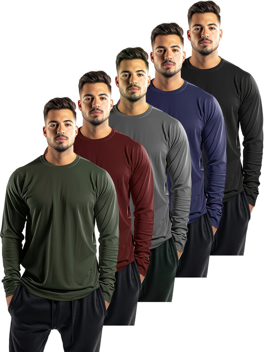 5pcs Men's Quick-Dry Moisture-Wicking Crew Neck Long Sleeve T-Shirts - Solid Color