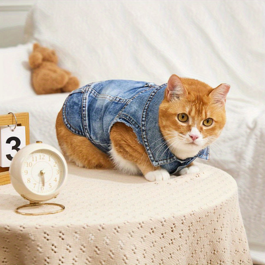 Faux Denim Cat Polyester Pullover Vest Jacket with D-Ring for Leash
