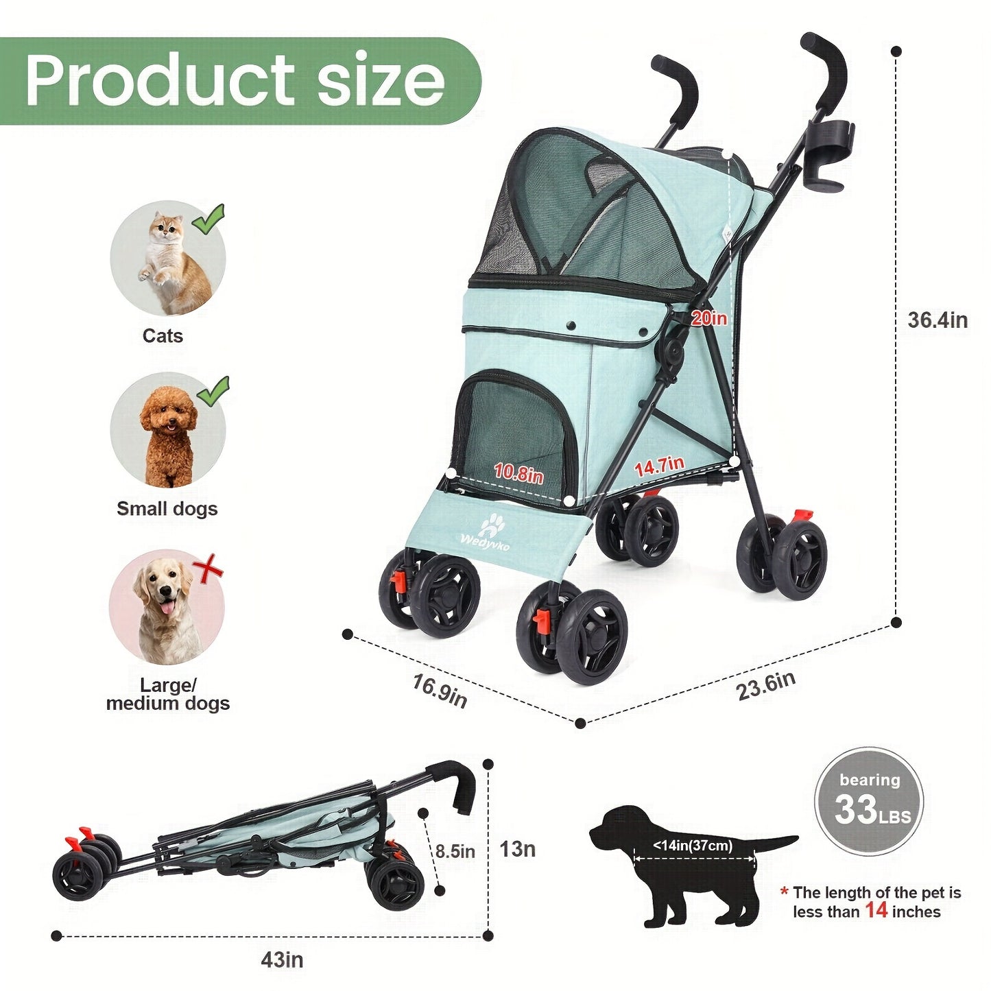 Foldable 4-Wheel Pet Stroller for Small to Medium Cats and Dogs