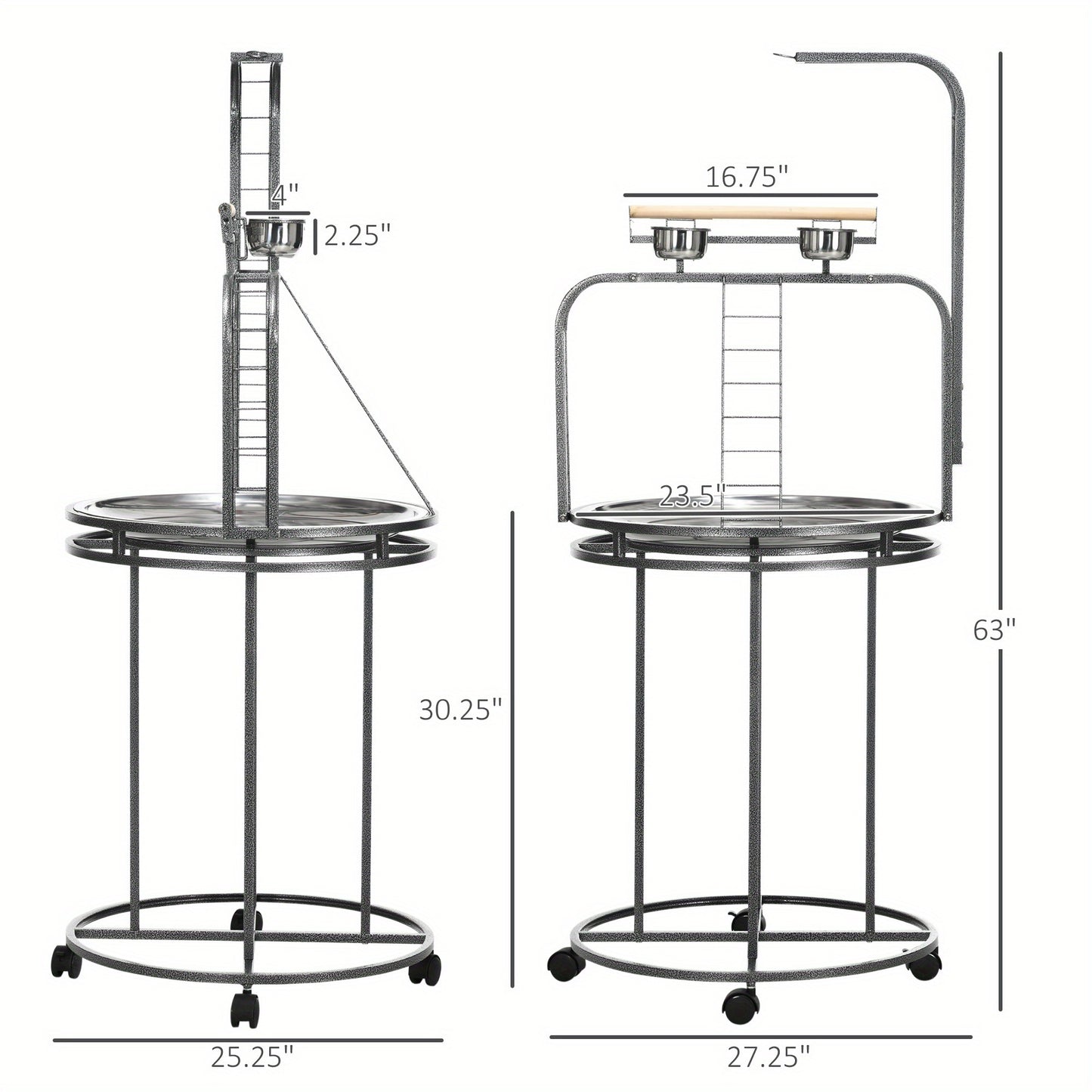 Large Bird Perch Stand with Toy Hook & 3 Ladders, Easy Grip, Wooden Stand, Gray