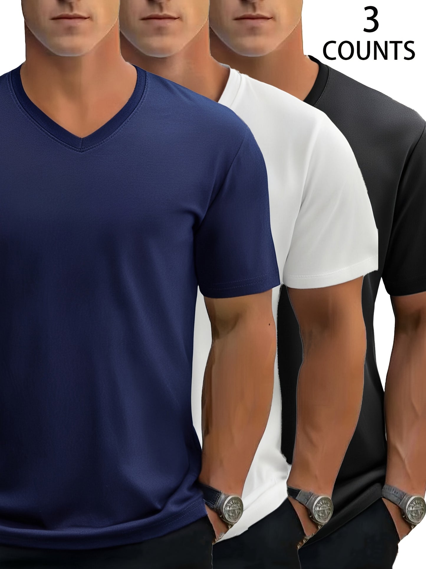 3pcs Men's Casual Sports V-neck T-shirt