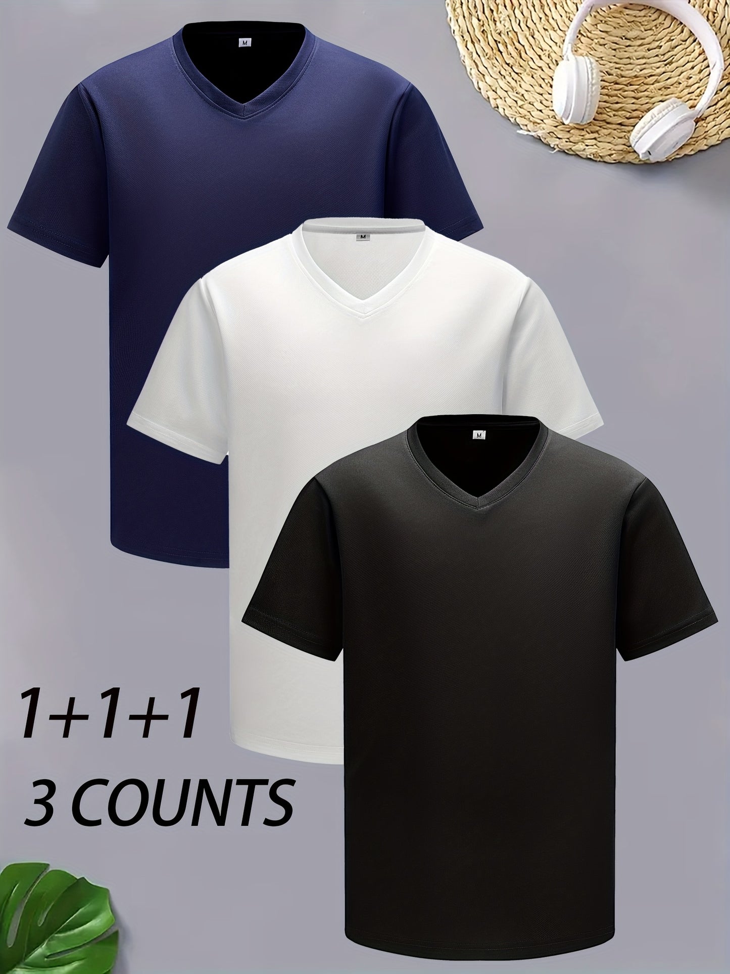 3pcs Men's Casual Sports V-neck T-shirt