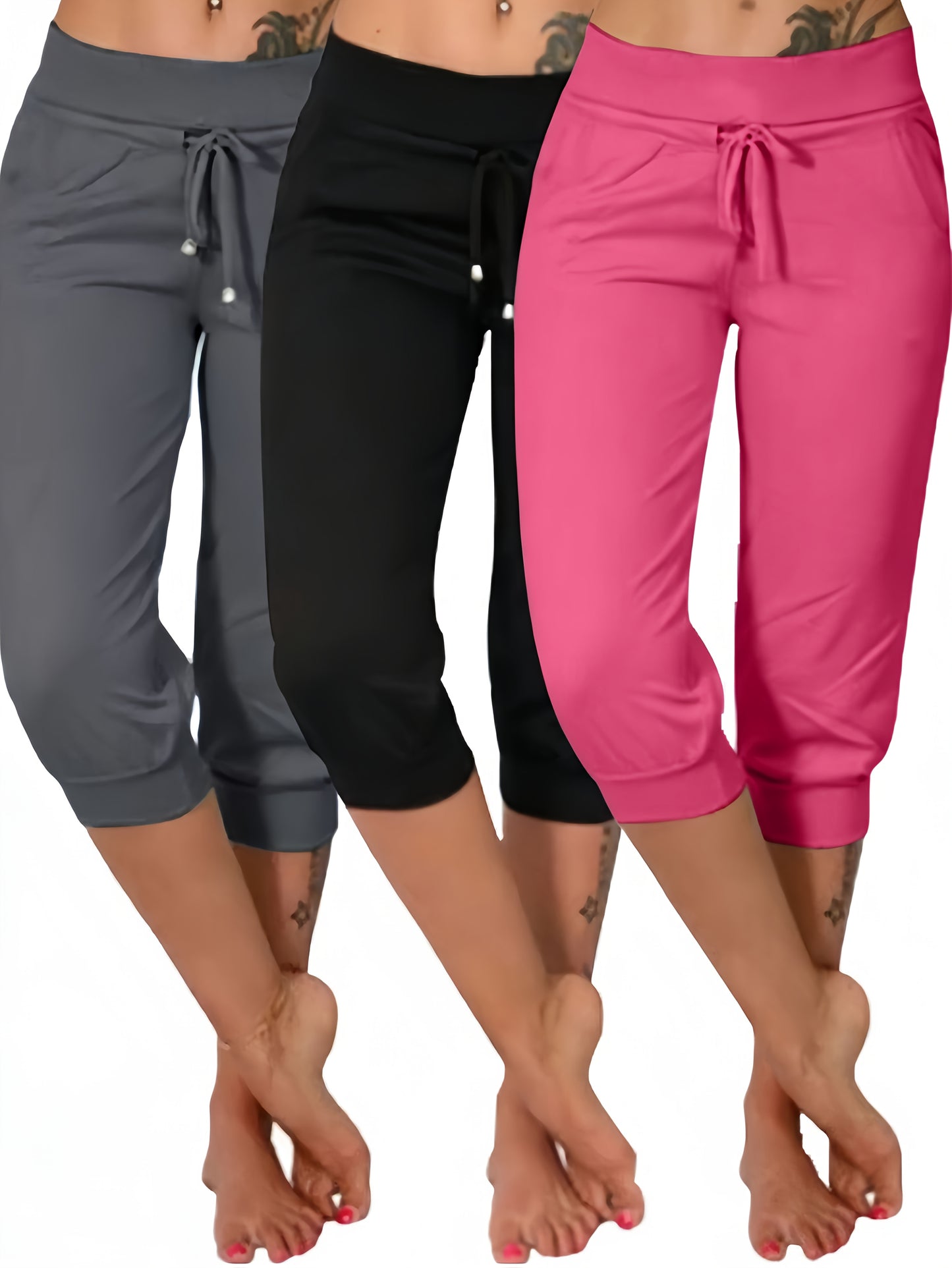 3pcs Women's7/8 Length Casual High Waist Drawstring Pants with Pockets