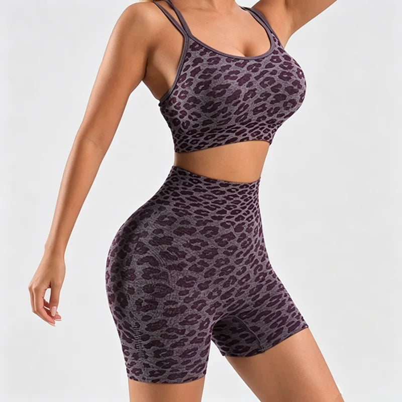 Leopard Print Women's 2 Piece Workout Set With Crop Tank