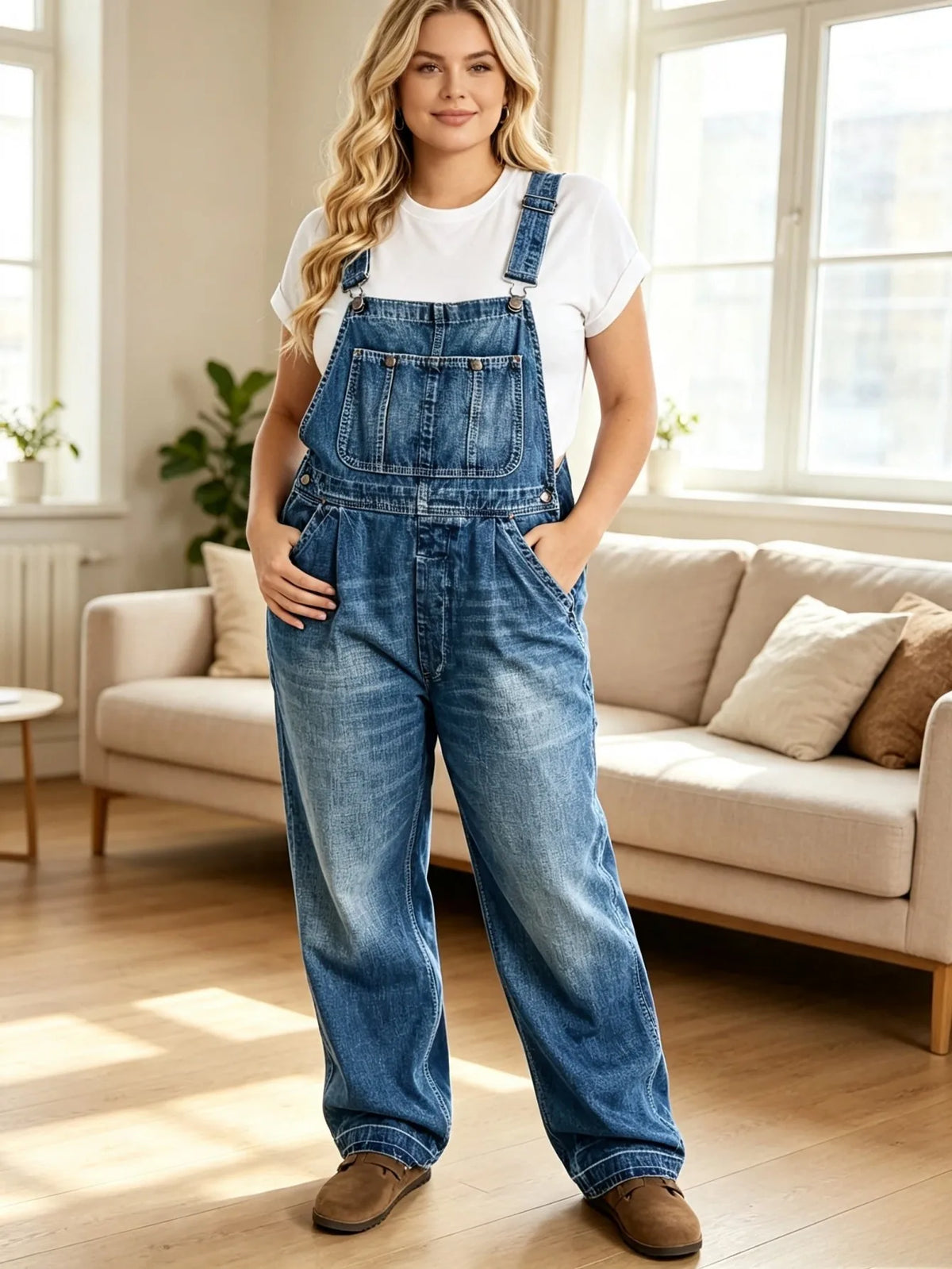 Women's High Waist Distressed Denim Overall Workwear Pants