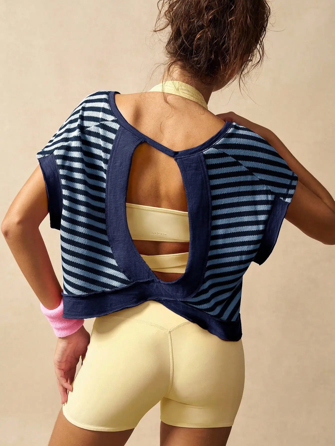 Women Striped Open Back Workout Top Breathable Gym Training