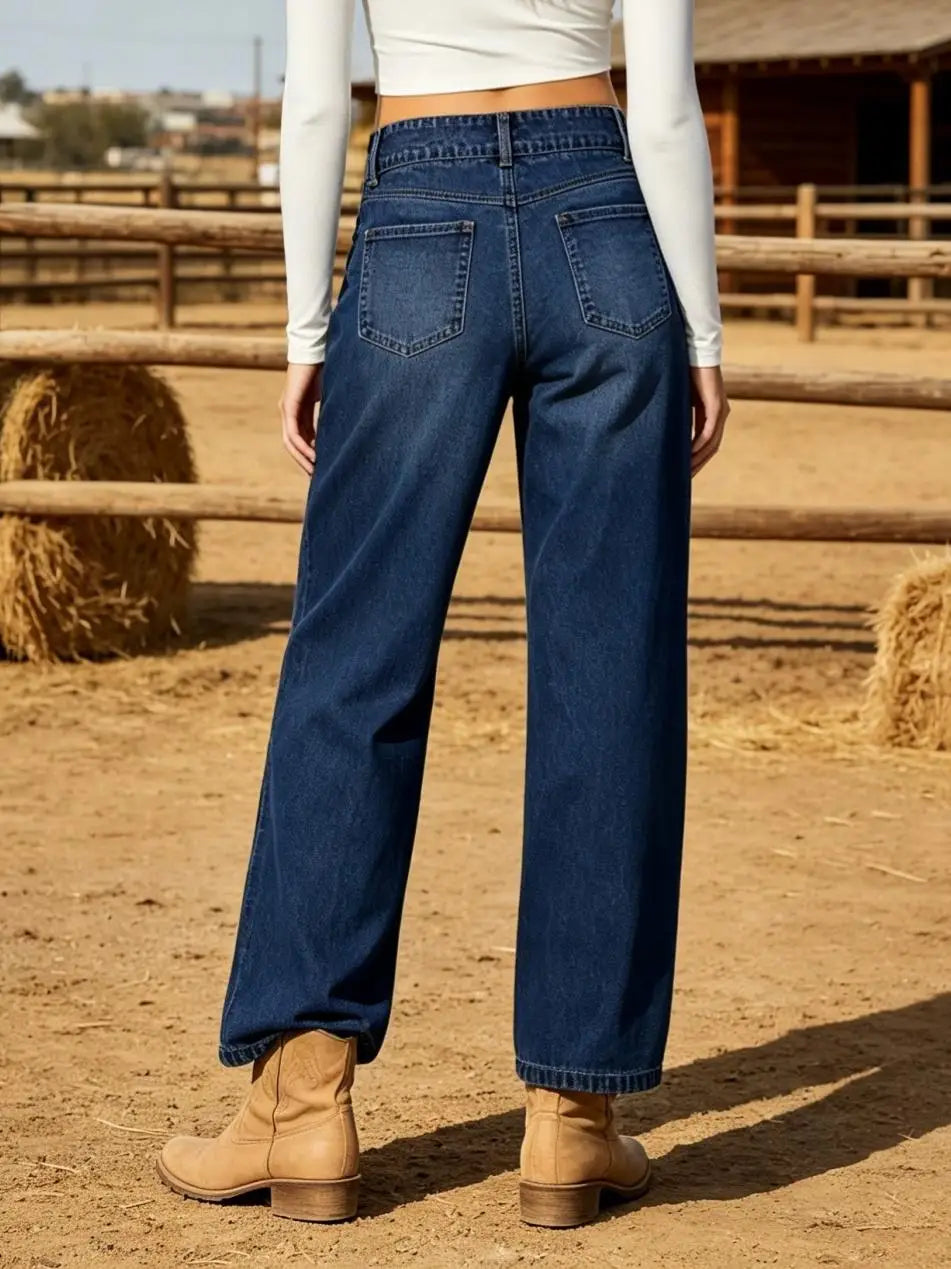 Womens High Waist Triple Button Vertical Stitch Denim Jeans