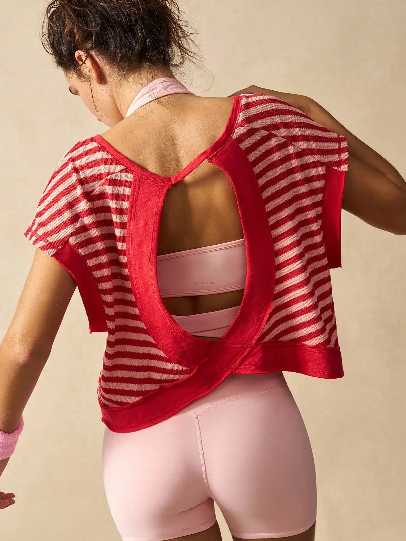 Women Striped Open Back Workout Top Breathable Gym Training