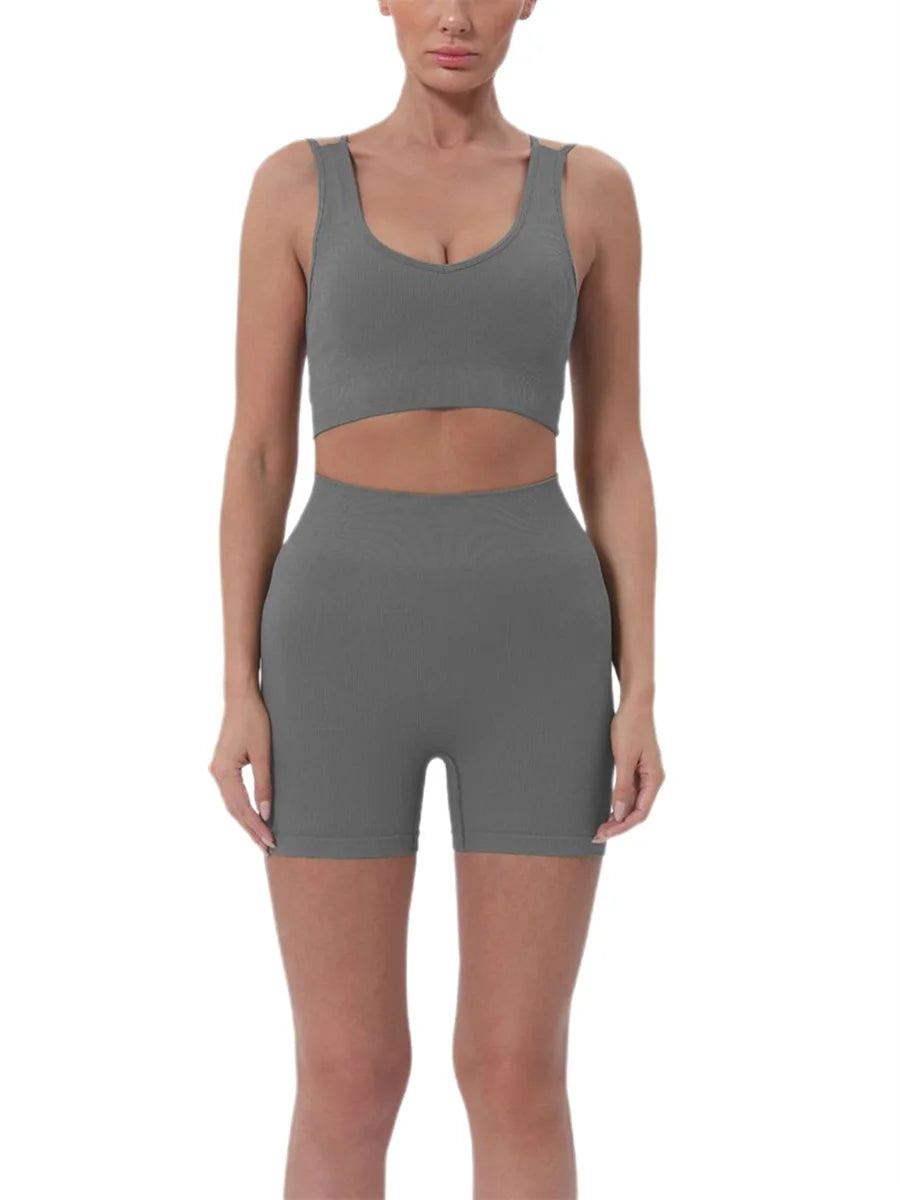 Women's Activewear 2 Piece Sleeveless Crop Top, High Waisted Shorts Set
