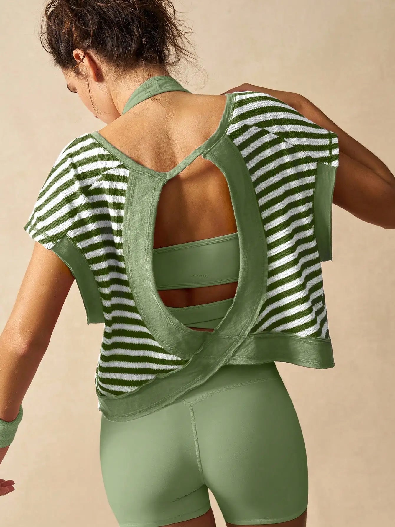 Women Striped Open Back Workout Top Breathable Gym Training