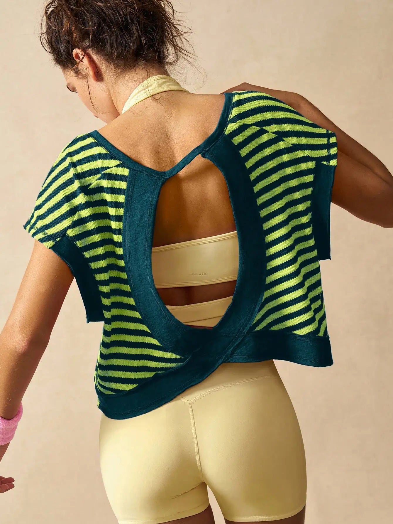 Women Striped Open Back Workout Top Breathable Gym Training