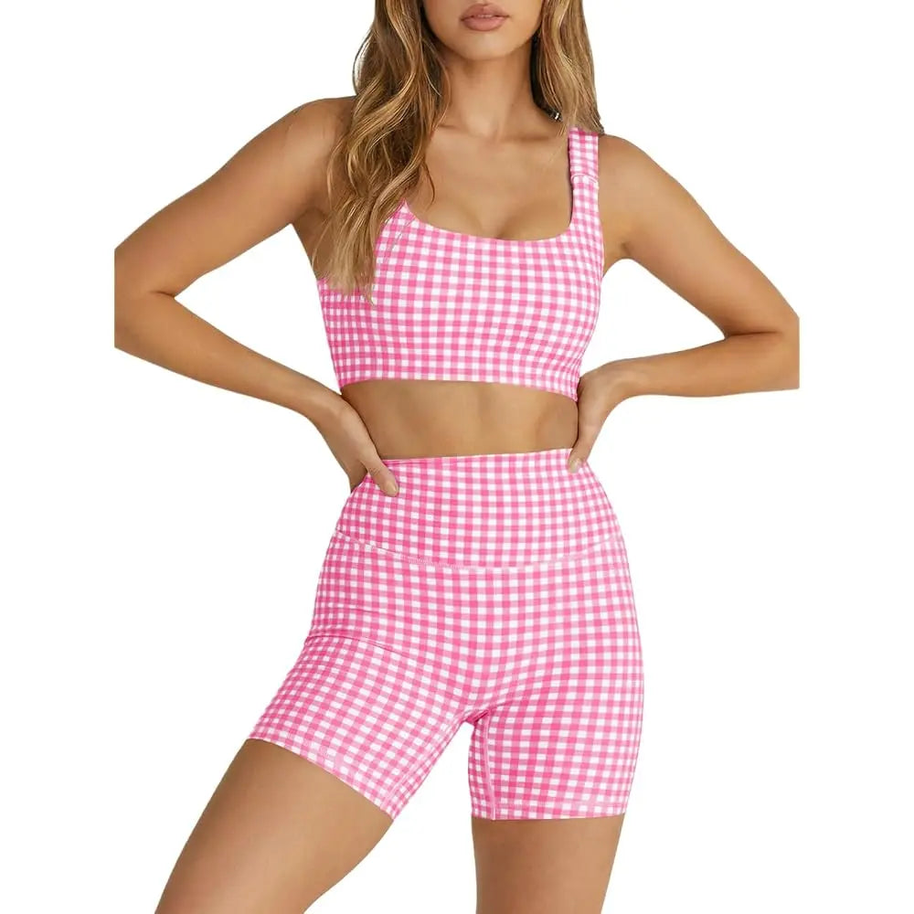 Gingham 2 Piece Womens Workout Set High Waisted Shorts Bra