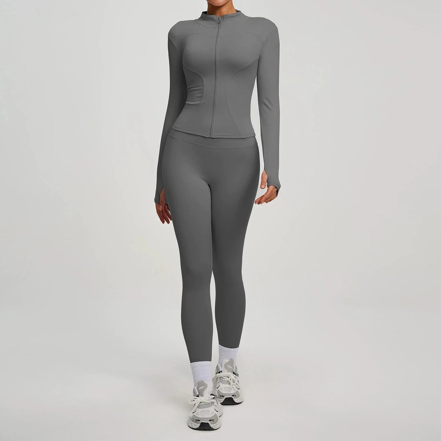 Women's 2Pcs Zipper Long Sleeve Top And Leggings Set