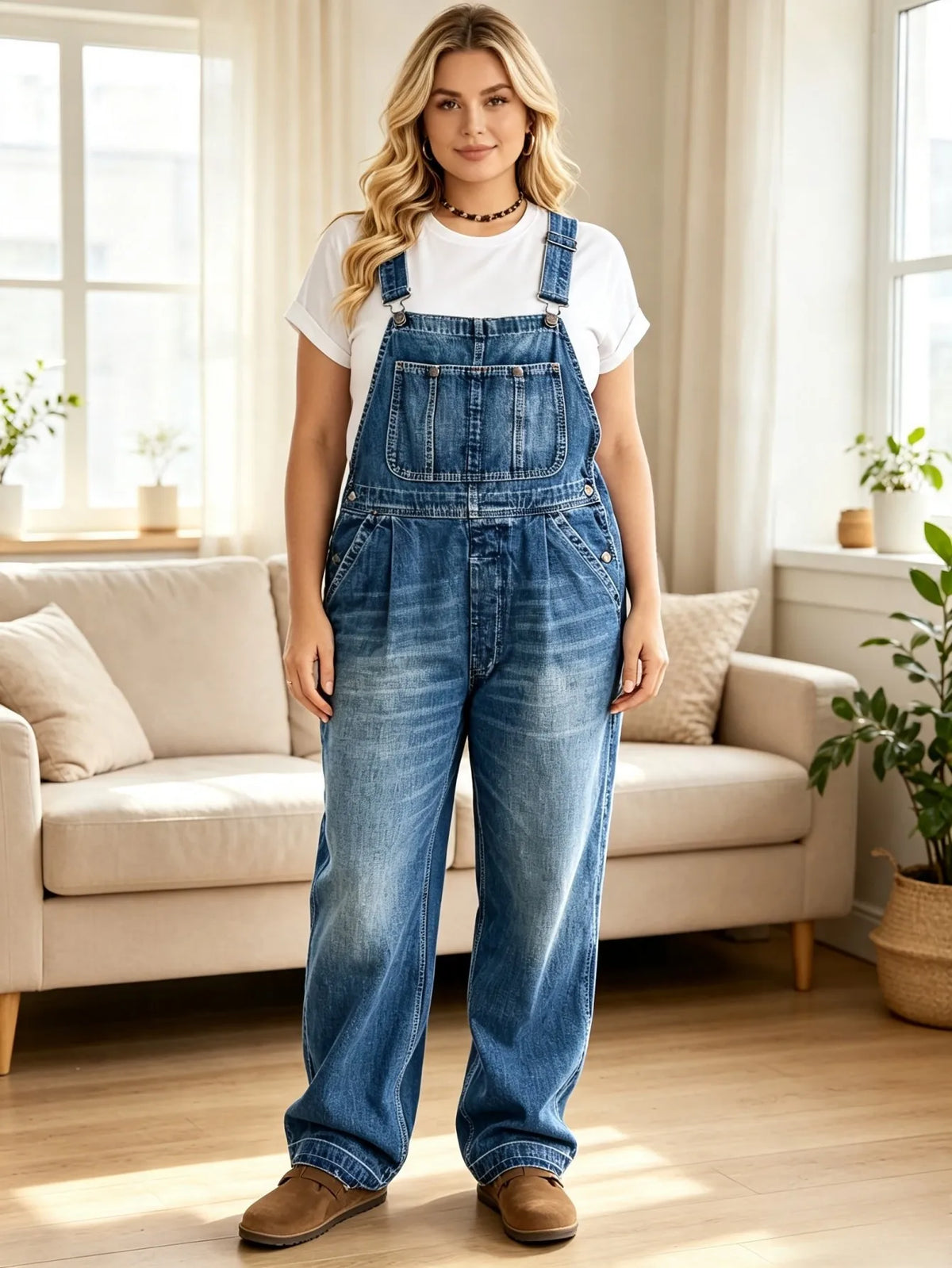 Women's High Waist Distressed Denim Overall Workwear Pants