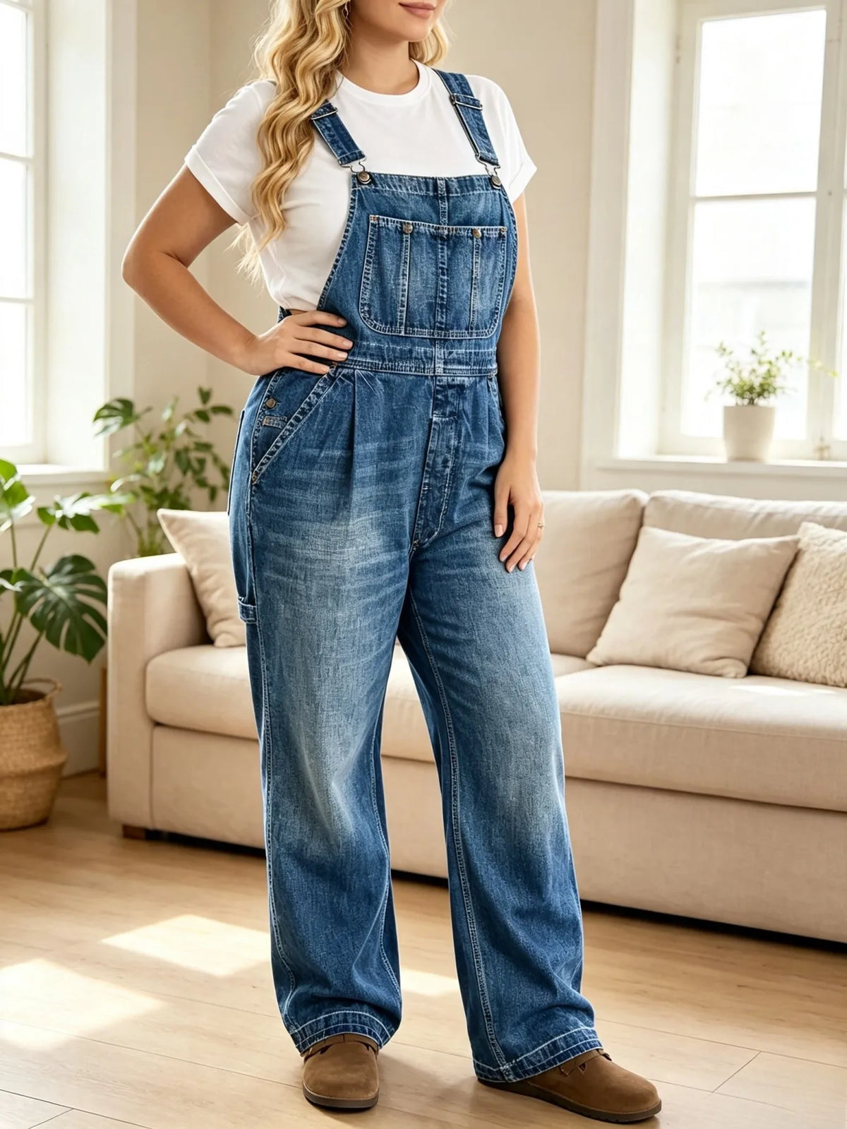 Women's High Waist Distressed Denim Overall Workwear Pants