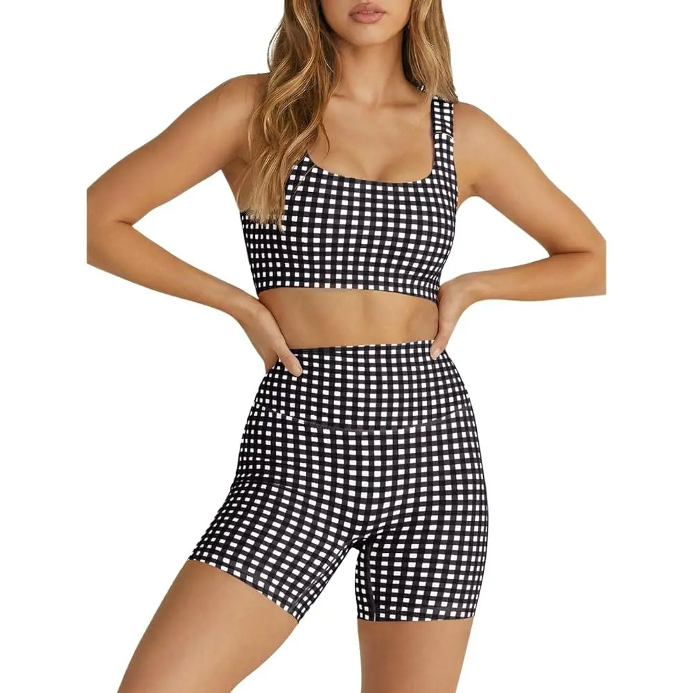 Gingham 2 Piece Womens Workout Set High Waisted Shorts Bra