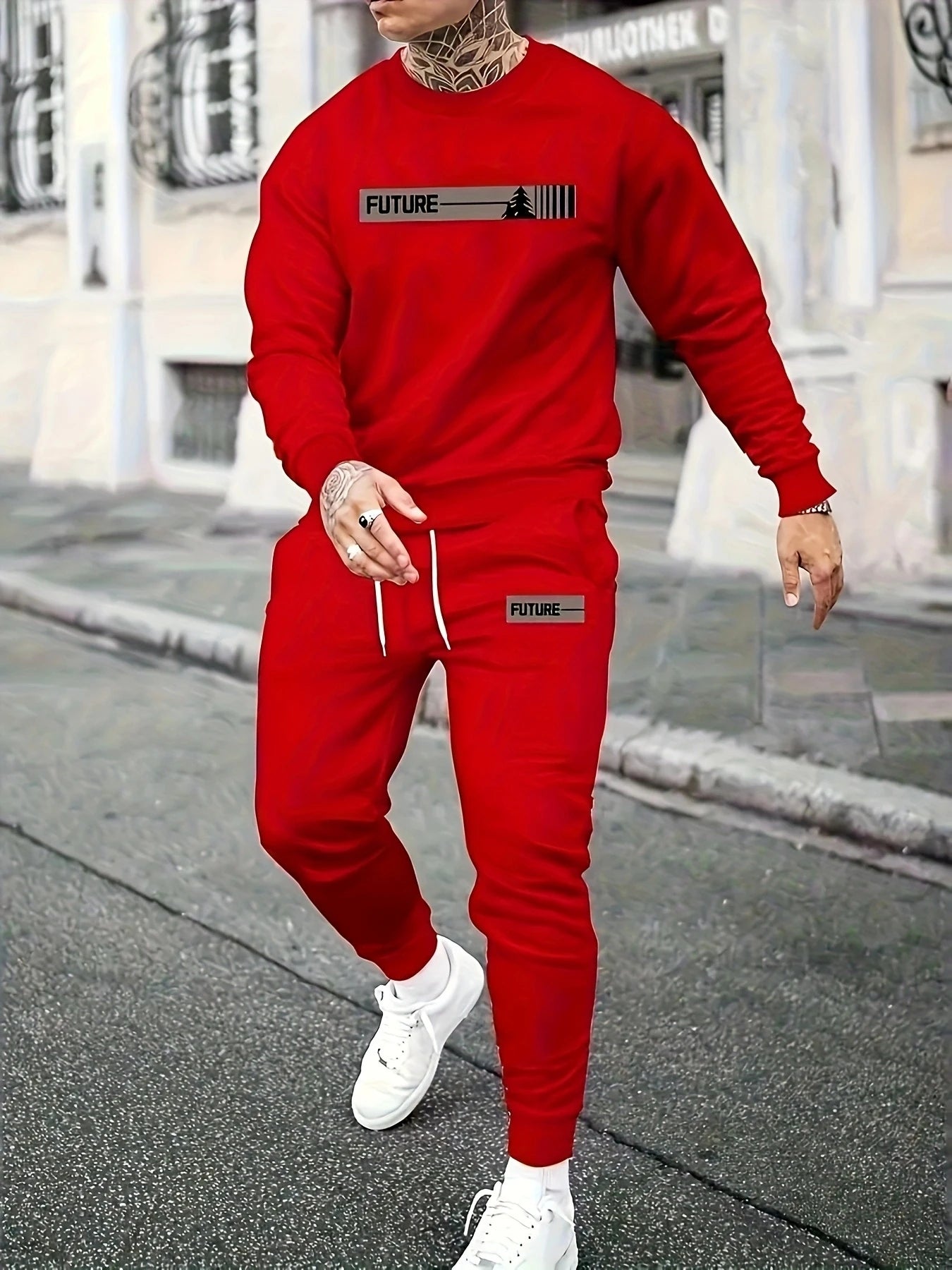 Men's Sports Set Neck Long Sleeve Sweat Top Tie Pants