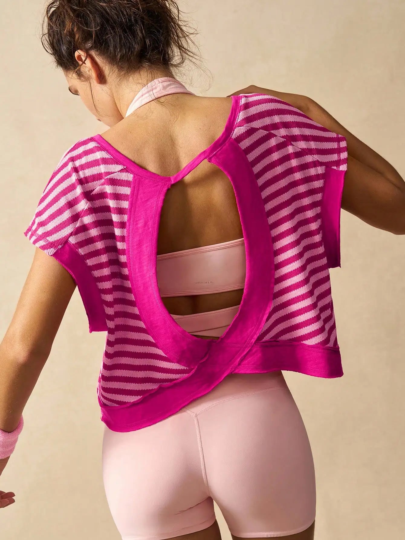 Women Striped Open Back Workout Top Breathable Gym Training